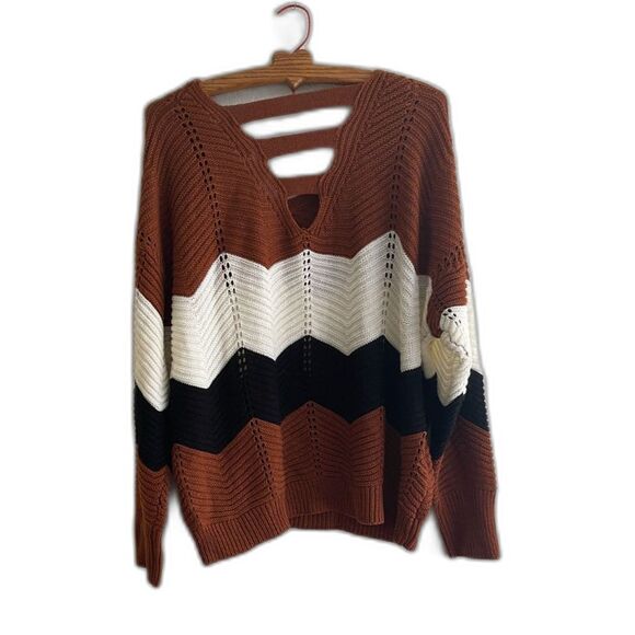 Vintage Y2K Size 3X Knit V-Neck Back Sweater Brown, Black Cream Long Sleeve Plus - Picture 4 of 9